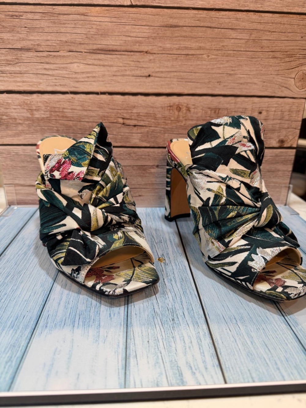 Marc Fisher Floral Knotted Open-Toe Mules in Green and Cream